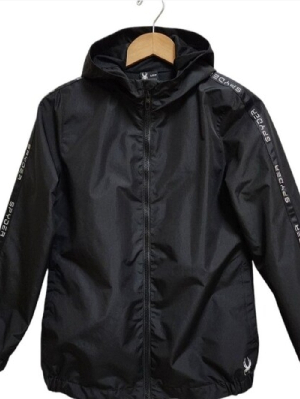 Spyder Jacket Women Sz S Black Hooded Full Zip White Logo Tape Lined Windbreaker